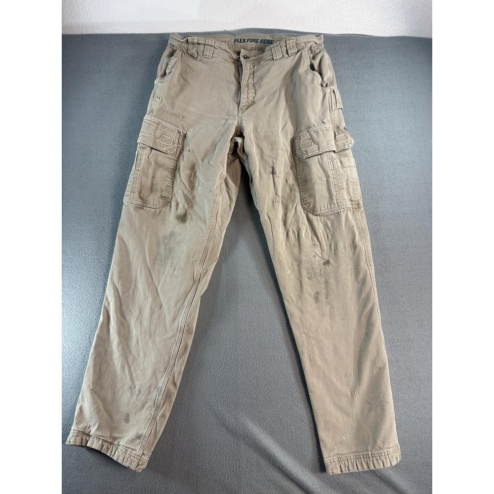 Duluth Trading Co Flex Fire Hose Pants Mens 38x36 Beige Relaxed Cargo Lined FLAW